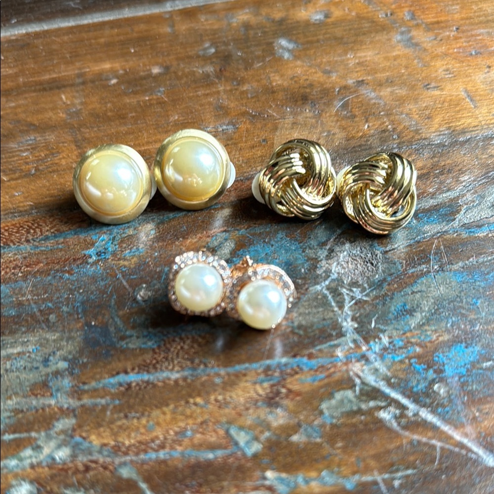 Elegant Gold and Pearl Clip-on Fashion Earrings, Set of 3.